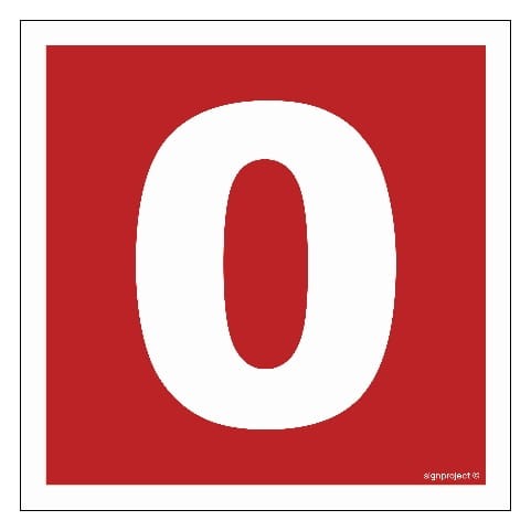 Znak Przeciwpożarowy – Numer 0 – czerwony znak z białym numerem „0” w centralnej części, . Idealny do stosowania w systemach oznaczeń przeciwpożarowych w różnych obiektach, zapewniający wysoką widoczność i precyzyjną identyfikację.