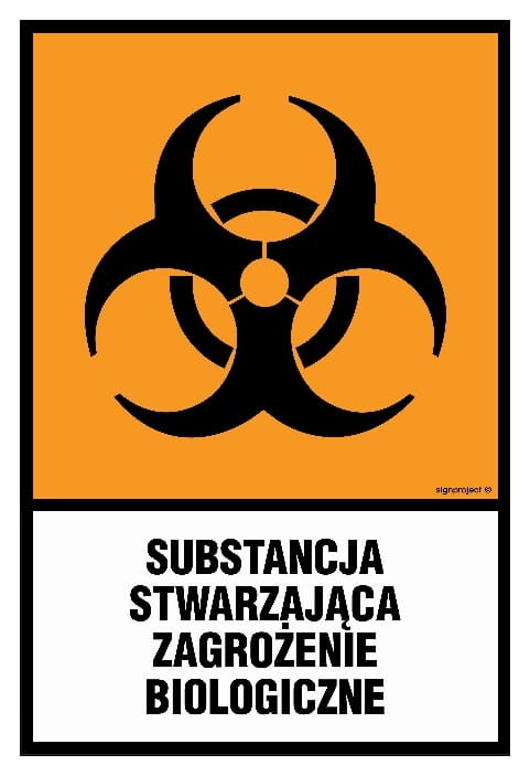 Tabliczka ostrzegawcza „Substancja stwarzająca zagrożenie biologiczne”, dostępna w różnych rozmiarach, z czarnym symbolem biologicznego zagrożenia na pomarańczowym tle.