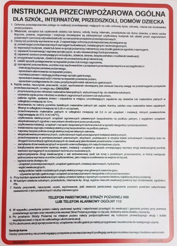 INSTRUKCJA BHP PRZECIWPOŻAROWA OGÓLNA DLA SZKÓŁ 350X250 płyta PCV tabliczka