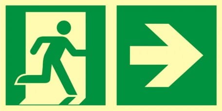Kierunek do wyjścia drogi ewakuacji w prawo tablica 300X150 święcąca w nocy