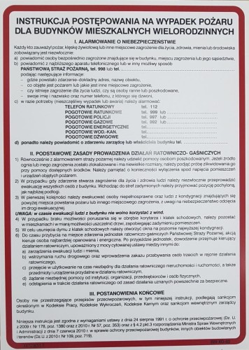 Instrukcja postępowania wypadek pożaru w bloku - tablica 350X250 ZNAK PCV
