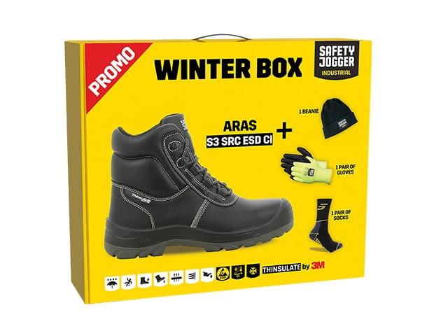 Kompletny zestaw Aras Winter zawiera buty ochronne Aras S3 SRC, czapkę, rękawiczki i skarpetki zimowe. Odporność na wodę, ochrona ESD i ocieplenie Thinsulate™. Idealne na zimowe warunki pracy.