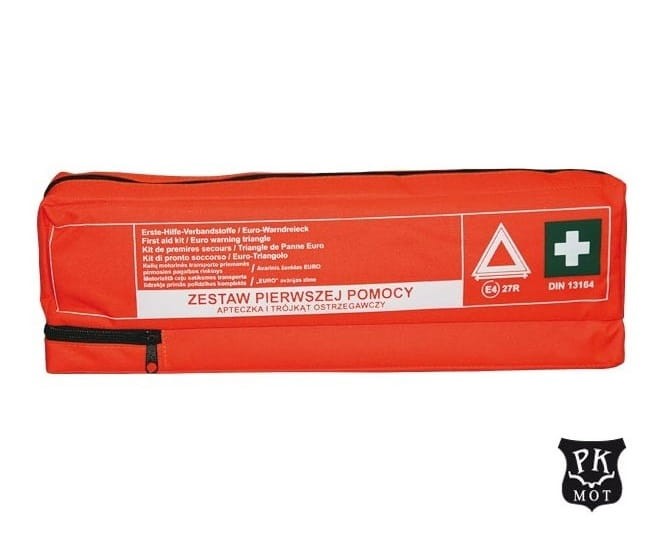 Samochodowy zestaw pierwszej pomocy z apteczką i trójkątem ostrzegawczym – wodoodporny pokrowiec, DIN 13164, wymiary 450 mm x 140 mm x 50 mm.