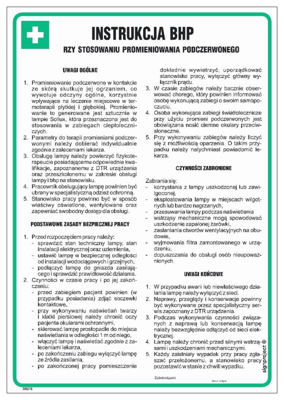 Instrukcja BHP przy stosowaniu promieniowania podczerwonego w wersji płyty z przylepcami, płyty sztywnej oraz folii samoprzylepnej. Idealna do montażu w laboratoriach, halach produkcyjnych i biurach.
