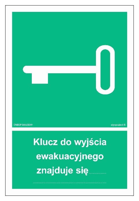 Znak "Klucz do Wyjścia Ewakuacyjnego Znajduje się…" w kolorze zielonym, dostępny na płycie, piance, folii oraz folii podłogowej, zapewniający wysoką widoczność i zgodność z normami bezpieczeństwa.