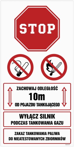 SB020 Zachowaj odległość 10 m od pojazdu tankującego. Wyłącz silnik podczas tankowania gazu