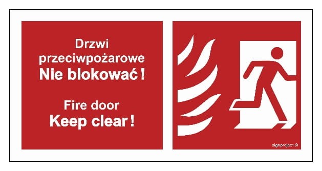 Tablica "Drzwi przeciwpożarowe, Nie blokować! Fire door, Keep clear!" prawostronna - dostępna w różnych rozmiarach i podłożach, w tym fotoluminescencyjnych i wodoodpornych, spełniająca normy BHP i przepisy przeciwpożarowe.