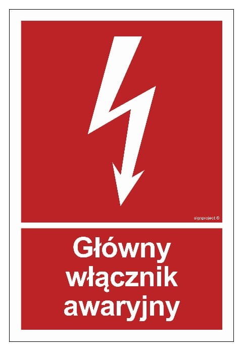 Tablica "Główny włącznik awaryjny" z symbolem pioruna - dostępna w różnych rozmiarach i podłożach, w tym fotoluminescencyjnych i wodoodpornych, spełniająca normy BHP i przepisy dotyczące bezpieczeństwa.