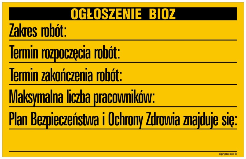 Tablica budowlana „Ogłoszenie” w żółtym kolorze, przeznaczona do umieszczania ważnych informacji na placu budowy. Wykonana z odpornych materiałów, zapewnia wysoką widoczność i trwałość w trudnych warunkach zewnętrznych.