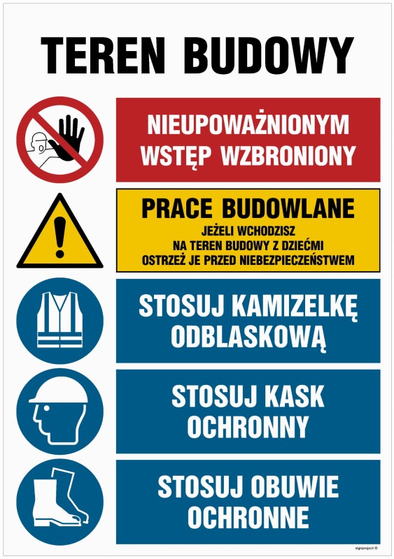 Znak "Teren budowy" dostępny w sklepie BHP Libres.pl. Łączy funkcje kilku znaków: zakazu, ostrzegawczych i informacyjnych. Idealny do oznaczania terenów budowy, wykonany w rozmiarze 70 x 105 cm na różnych podłożach: