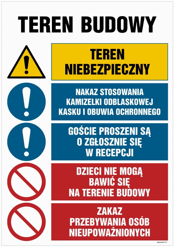 Tablica budowlana informacyjno-ostrzegawczo-nakazująca, kolor żółty z czarnymi napisami, informująca o niebezpieczeństwach, nakazująca stosowanie kamizelki odblaskowej, kasku i obuwia ochronnego, oraz zawierająca zasady przebywania na budowie.