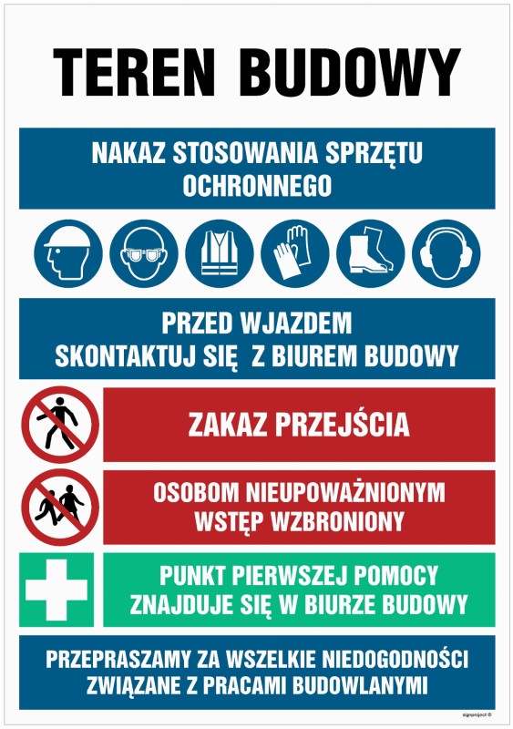 Tablica budowlana zbiorcza "Teren Budowy" z oznaczeniami nakazu stosowania sprzętu ochronnego, zakazem przejścia, informacją o kontakcie z biurem budowy oraz punkcie pierwszej pomocy, dostępna w rozmiarze 70 x 105 cm