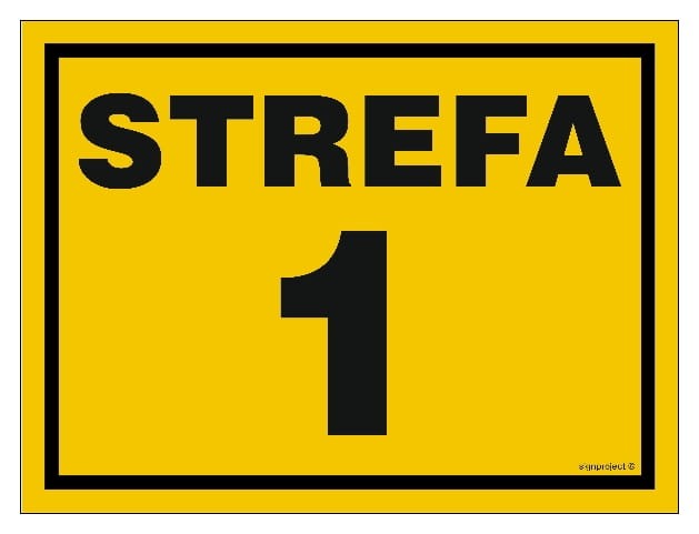 Żółta tablica "Strefa 1" w różnych rozmiarach i materiałach, w tym wodoodpornych, dostępna w sklepie Libres BHP.