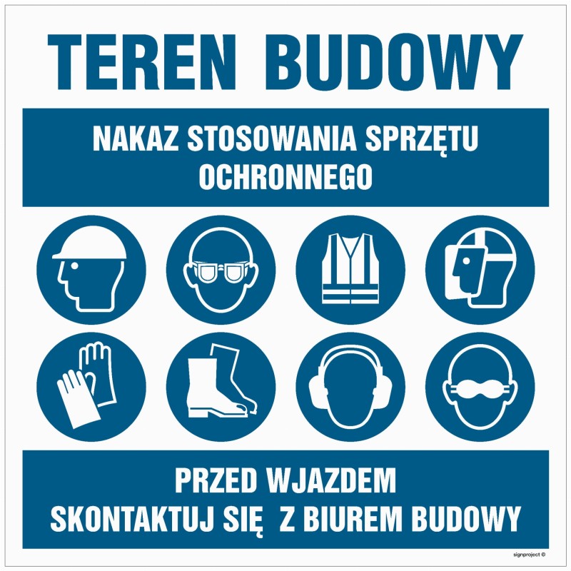 Tablica budowlana z piktogramami znaków nakazu: załóż kask, okulary ochronne, kamizelkę, osłonę, rękawice, buty, słuchawki i gogle, dostępna w różnych rozmiarach i materiałach, w tym wodoodpornych, w sklepie Libres BHP.
