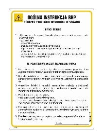 Ogólna instrukcja BHP podczas produkcji wykrojów w szwalni, z czarnym tekstem na białym tle. Format 24,5 x 35 cm, wykonana z folii samoprzylepnej, płyty sztywnej lub elastycznej.