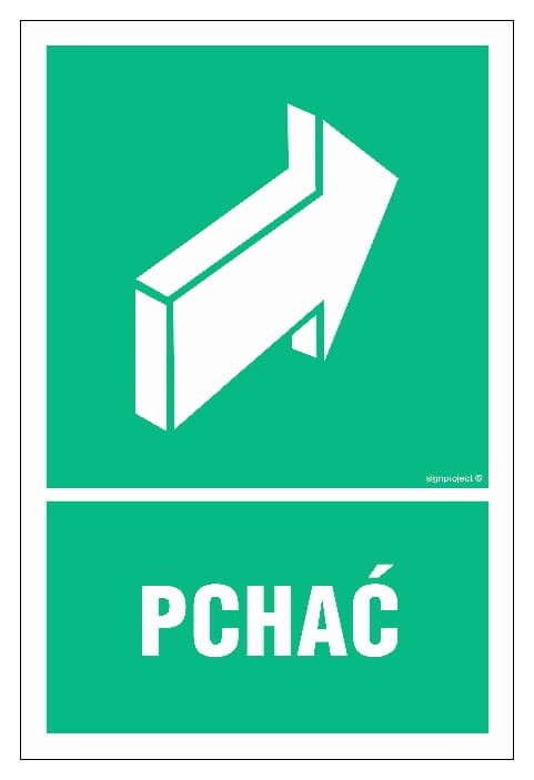 Znak ewakuacyjny z piktogramem „Pchać” wykonany z odpornych materiałów, idealny do oznaczania drzwi ewakuacyjnych. Wyraźny piktogram oraz estetyczny zielony kolor zapewniają wysoką widoczność i czytelność w sytuacjach