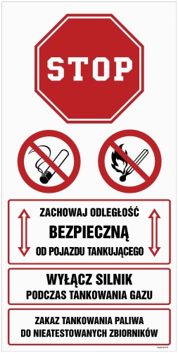 SB022 Zachowaj bezpieczną odległość od pojazdu tankującego. Wyłącz silnik podczas tankowania gazu
