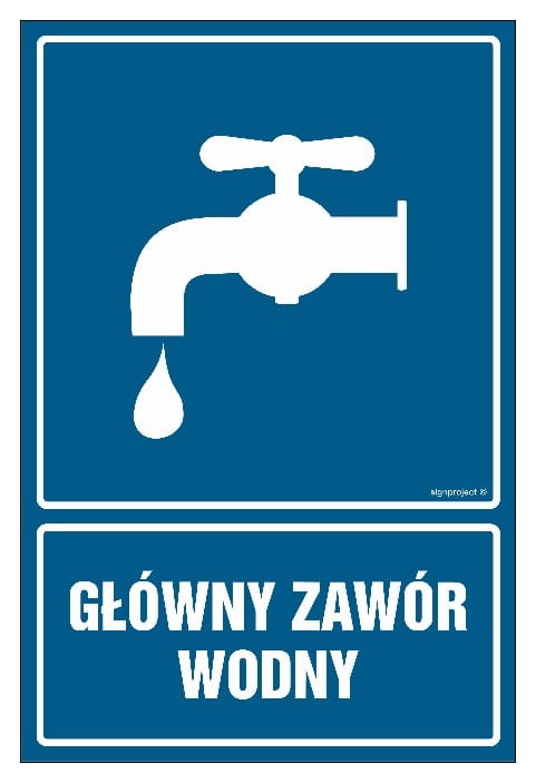 Znak "Główny zawór wodny" dostępny w 20 wariantach, różne wymiary i typy podłoży (płyta 1mm, folia samoprzylepna, fotoluminescencyjna, wodoodporna), idealny do oznaczenia miejsc z głównym zaworem wodnym.