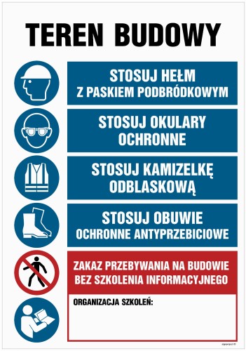 OI003 Teren budowy, Stosuj hełm z paskiem podbródkowym, Stosuj okulary ochronne, Stosuj kamizelkę odblasko