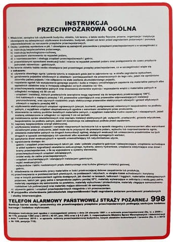 Instrukcja  przeciwpożarowa ogólna - TABLICA BHP PŁYTA PCV SZTYWNA 250X350