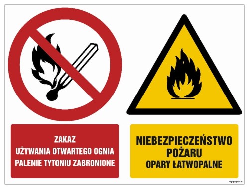 GM002 Zakaz używania otwartego ognia Palenie tytoniu zabronione Niebezpieczeństwo pożaru Opary łatwopalne