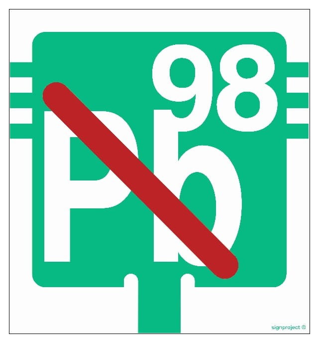 Oznakowanie „Paliwo bezołowiowe - 98 oktanów” w kolorze zielonym, dostępne w różnych wymiarach i materiałach, sklep BHP Libres.pl.