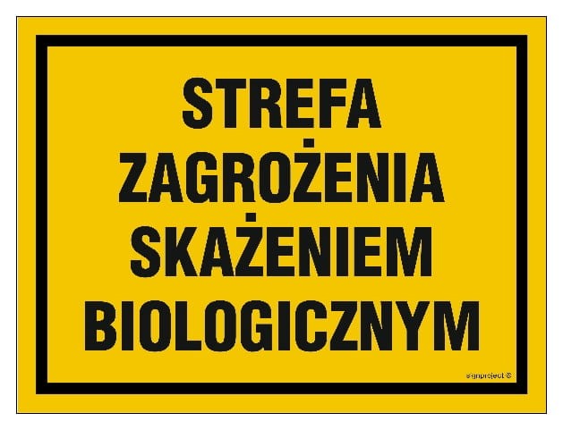 Tablica „Strefa zagrożenia skażeniem biologicznym” w żółtym kolorze - dostępna w różnych wariantach w sklepie BHP Libres.pl.