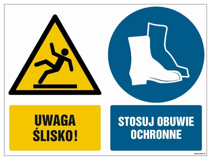 Tablica łączona BHP "Uwaga ślisko" oraz "Stosuj obuwie ochronne" zamocowana na ścianie w zakładzie produkcyjnym.
