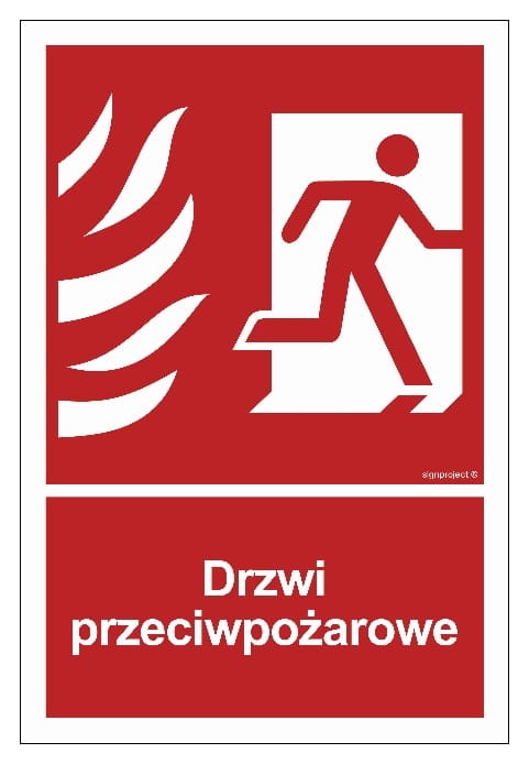 Znak „Drzwi przeciwpożarowe prawostronne” w kolorze czerwonym, dostępny w różnych rozmiarach i materiałach, z piktogramem i napisem „Zamykać!”.