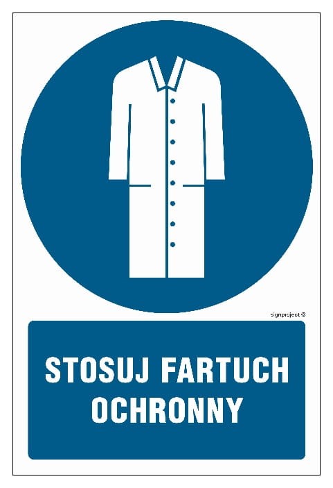 Tabliczka z symbolem fartucha ochronnego i napisem "Stosuj fartuch ochronny".