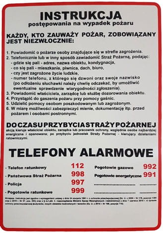 Instrukcja  postępowania na wypadek pożaru - tablica 250x350 płyta PCV