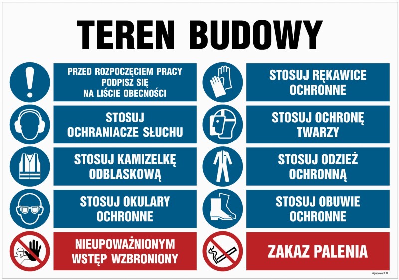 Tablica informacyjna „Teren Budowy” w formacie 100 x 75 cm, zawierająca informacje o obowiązkach pracowników na terenie budowy. Piktogramy oraz napisy ostrzegawcze w kolorach niebieskim i czerwonym.