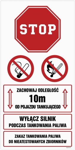 SB019 Zachowaj odległość 10 m od pojazdu tankującego. Wyłącz silnik podczas tankowania paliwa