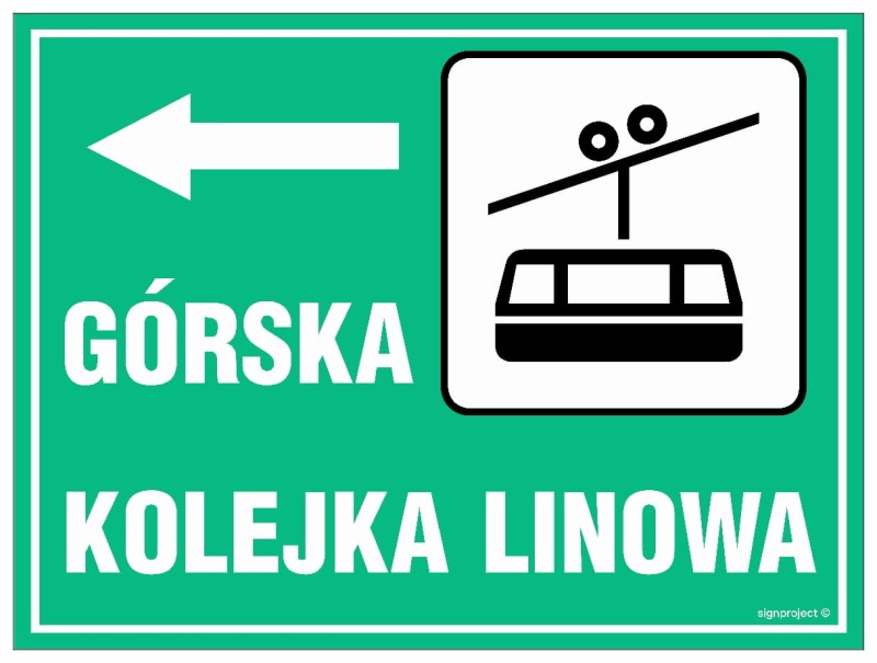 Tabliczka informacyjna „Kierunek do Górskiej Kolejki Linowej” w kolorze zielonym z białymi elementami, z wyraźnym piktogramem kolejki linowej i strzałką wskazującą kierunek.