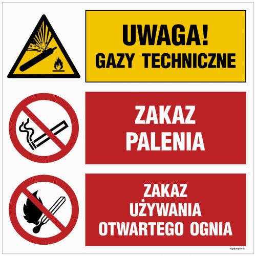 OI028 Uwaga! gazy techniczne, Zakaz palenia, Zakaz używania otwartego ognia
