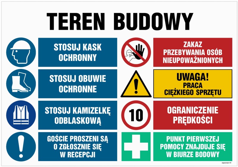 Znak bezpieczeństwa na terenie stosowania z niezbędnymi produktami BHP, nakazujący zastosowanie kasków i obuwia ochronnego oraz zakaz przebywania osób nieupoważnionych.