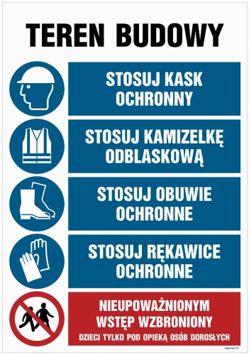 OI002 Teren budowy, Stosuj kak ochronny, Stosuj kamizelkę odblaskową, Stosuj obuwie ochronne, Stosuj rękaw
