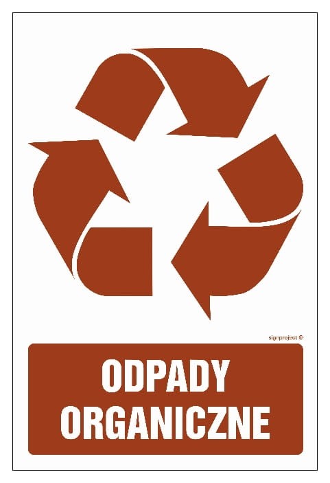 Etykieta „Odpady organiczne” w kolorze brązowym, z wyraźnym symbolem recyklingu oraz napisem „Odpady organiczne”. Idealna do oznakowania pojemników na odpady organiczne.