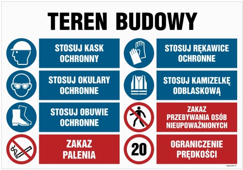 OI018 Teren budowy, Stosuj kask ochronny, Stosuj rękawice ochronne, Stosuj okulary ochronne, Stosuj kamize