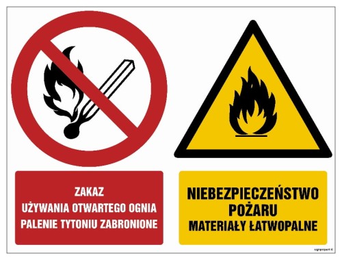 GM001 Zakaz używania otwartego ognia Palenie tytoniu zabronione Niebezpieczeństwo pożaru Materiały łatwopa