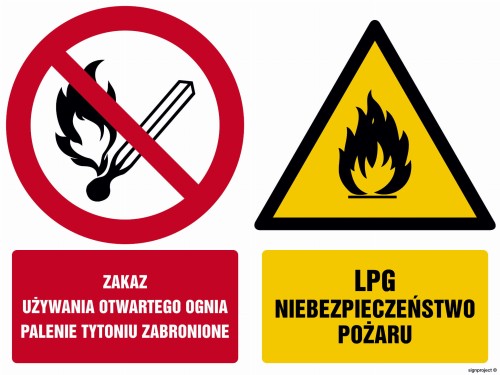 GM003 Zakaz używania otwartego ognia Palenie tytoniu zabronione LPG Niebezpeczeństwo pożaru