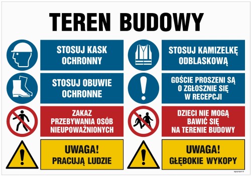 OI020 Teren budowy, Uwaga! Praca ciężonny, Stosuj kamizelkę odblaskową, Stosuj obuwie ochronne, Goście pro