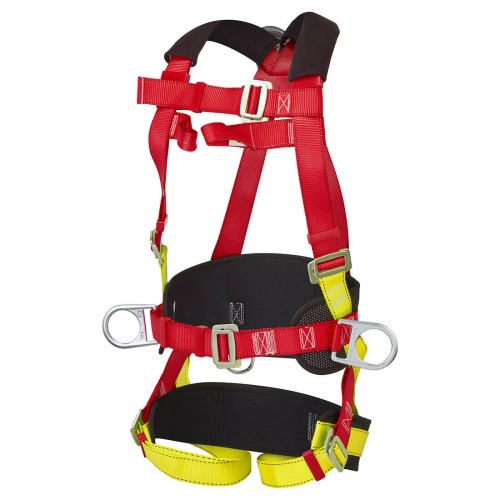 3-punktowe szelki Portwest Comfort Plus wie pętle na piersiach, dwa boczne uchwyty D-ring, przesuwny grzbietowy pierścień D-Ring, dwie pętle po bokach i dwa tylne pierścienie w pasie.