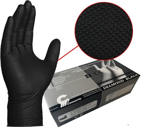 Rękawice gumowe  nitrylowe teksturowane diament CZARNE DIAMOND GRIP 100 sztuk