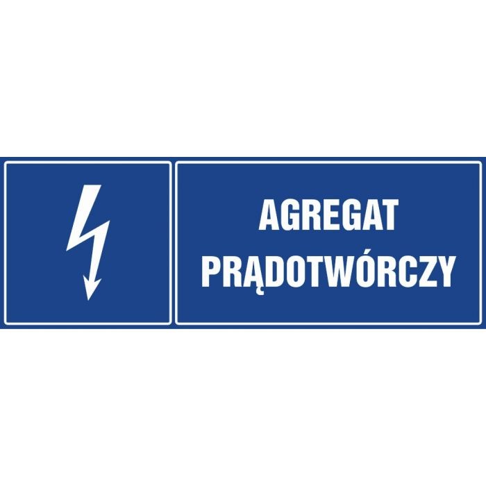 Niebieski znak "Agregat prądotwórczy" z symbolem pioruna, dostępny w różnych rozmiarach na płycie 1mm lub folii samoprzylepnej, idealny do oznakowania miejsc z agregatami prądotwórczymi.